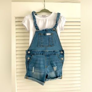 7 for All Mankind Denim short overalls in size 3T! Added a free white t shirt!